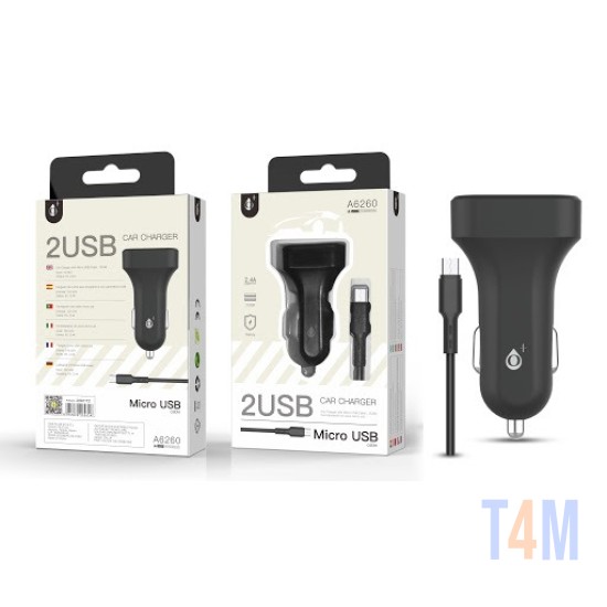ONE PLUS A6260 CAR LIGHTER CHARGER WITH MICRO USB CABLE, 2USB, 2.4A BLACK ( 2002172 )